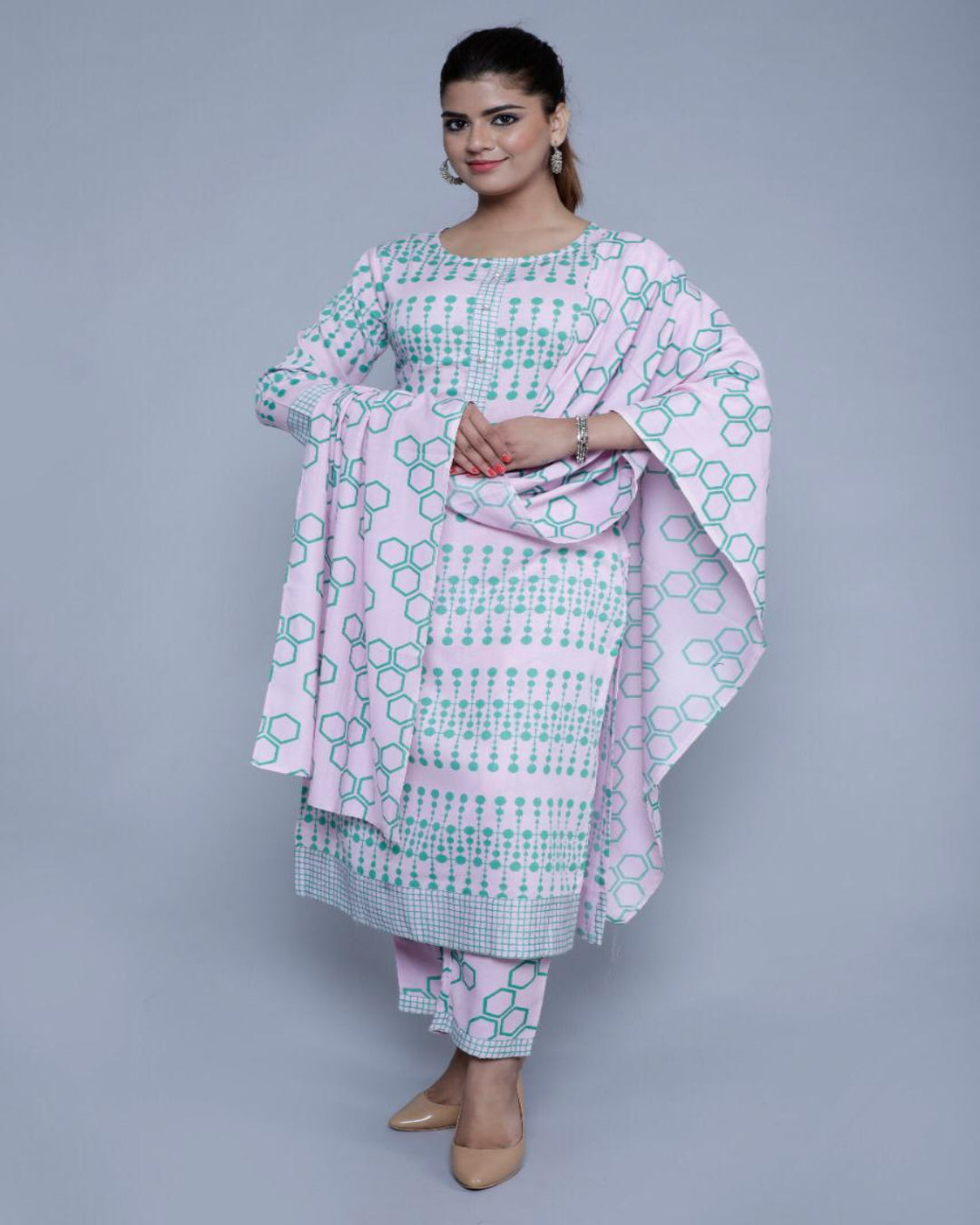 Soft Pink and Green Kurta pant and dupatta Suit Zoyaa Fashion