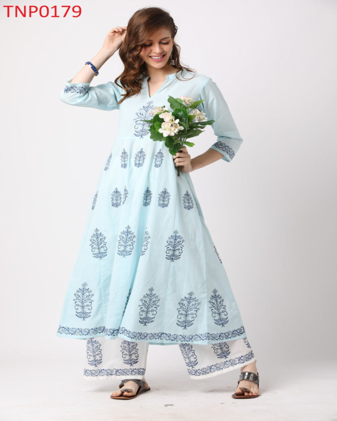 Classic light blue Hand Block Kurta and Palazzo Zoyaa Fashion