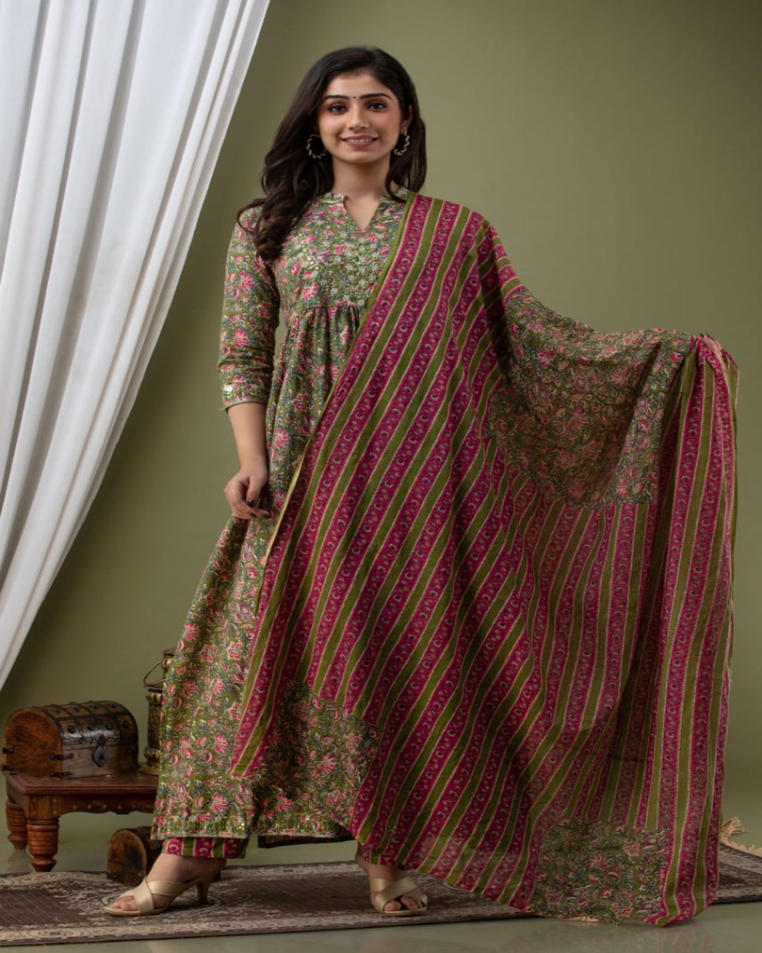 Floral green cotton Anarkali Kurta set Zoyaa Fashion
