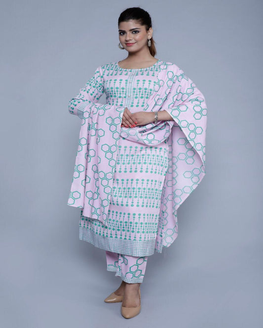Soft Pink and Green Kurta pant and dupatta Suit Zoyaa Fashion