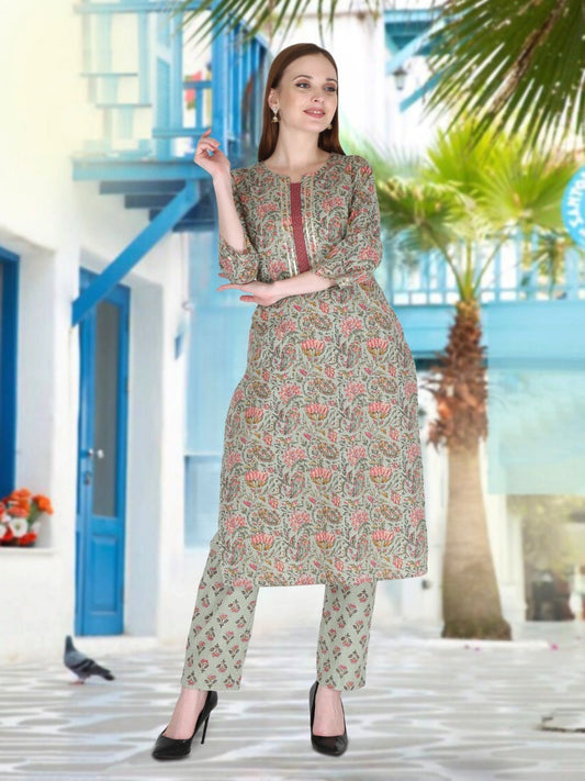 Light Green Floral Kurta Set Zoyaa Fashion