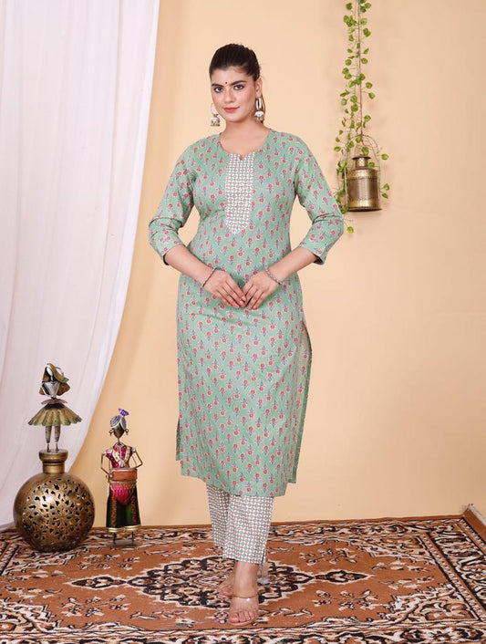Light Green Floral Two-Piece Kurta Set Zoyaa Fashion