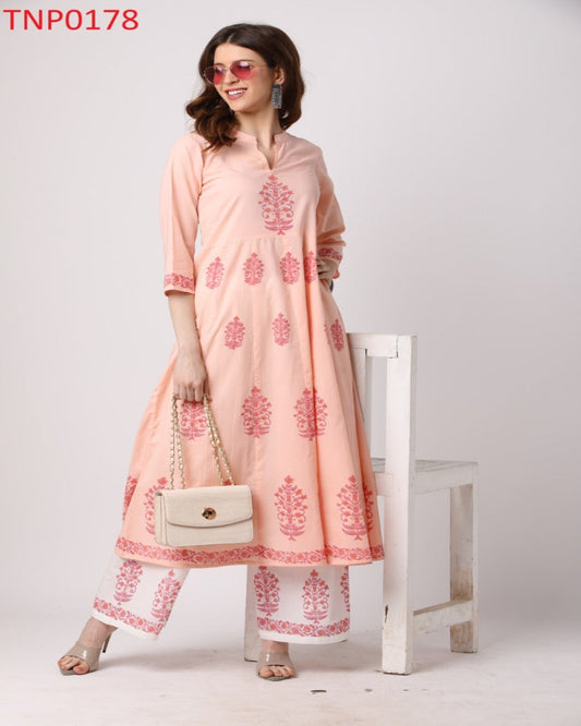 Peach Cotton Kurta with White Palazzo Zoyaa Fashion